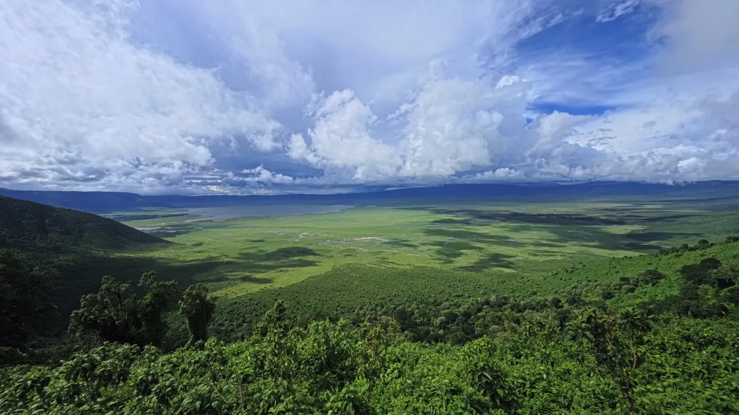 Wide view from the Ngorongoro Crater rim across the green crater floor