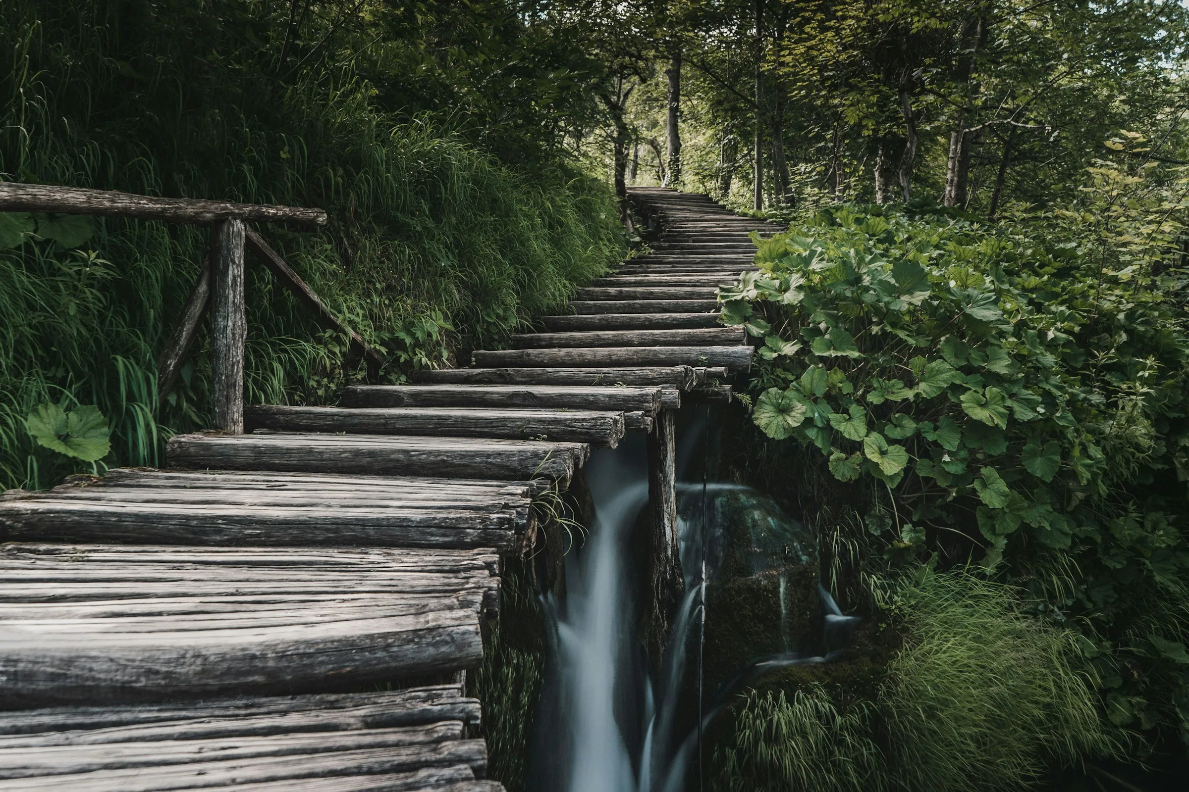 Clear lakes and forest waterfalls connected by boardwalks at Plitvice